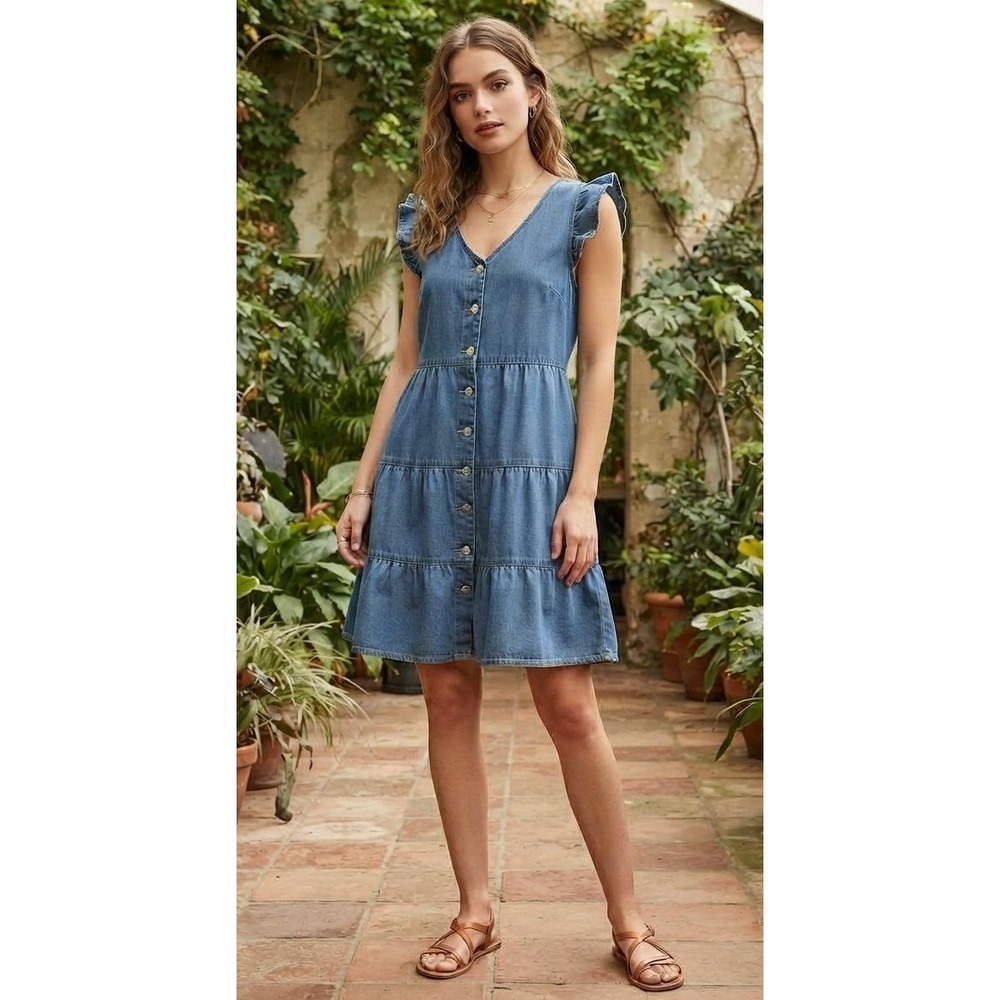 Women's Denim Ruffle Tiered Sleeveless V-Neck Dress Mini Blue Cotton Size M?